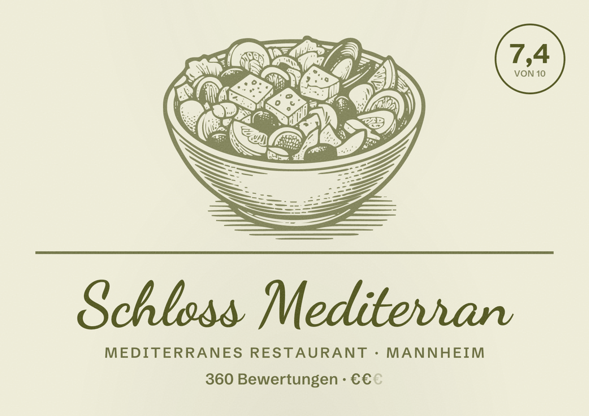 Illustriertes Poster von Schloss Mediterran, Mediterranes Restaurant in Mannheim: Bewertung 7,4 von 10 aus 360 Bewertungen, Preisniveau €€