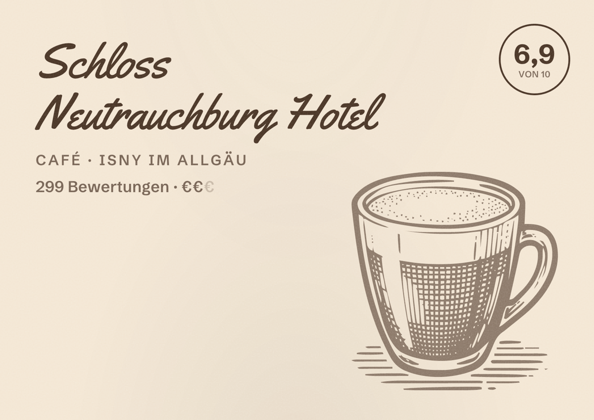 Illustriertes Poster von Schloss Neutrauchburg Hotel, Café in Isny im Allgäu: Bewertung 6,9 von 10 aus 299 Bewertungen, Preisniveau €€