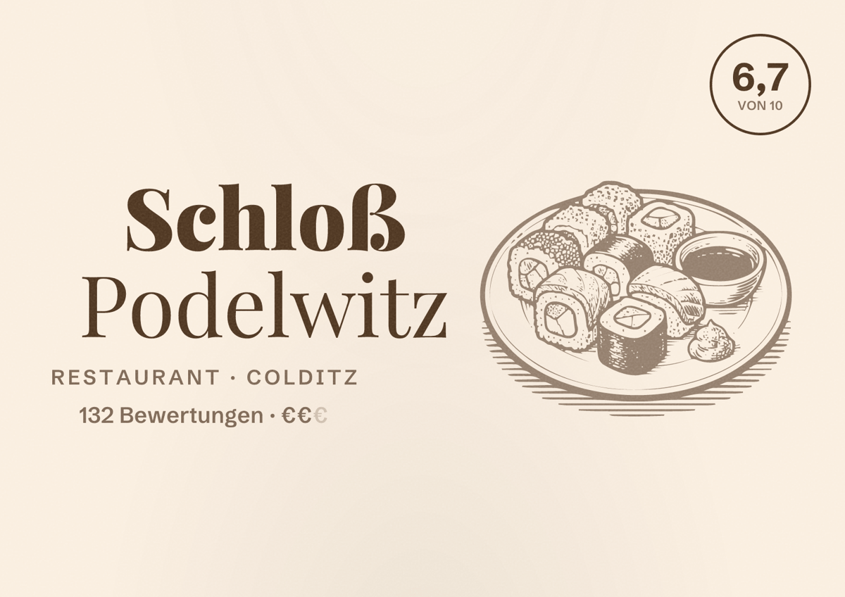 Illustriertes Poster von Schloß Podelwitz, Restaurant in Colditz: Bewertung 6,7 von 10 aus 132 Bewertungen, Preisniveau €€