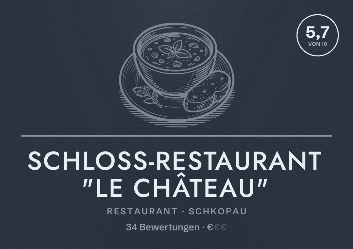 Illustriertes Poster von Schloß-Restaurant "Le Château", Restaurant in Schkopau: Bewertung 5,7 von 10 aus 34 Bewertungen, Preisniveau €