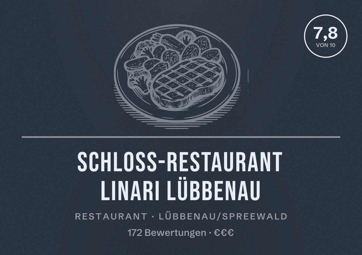 Illustriertes Poster von Schloss-Restaurant LINARI Lübbenau, Restaurant in Lübbenau/Spreewald: Bewertung 7,8 von 10 aus 172 Bewertungen, Preisniveau €€€
