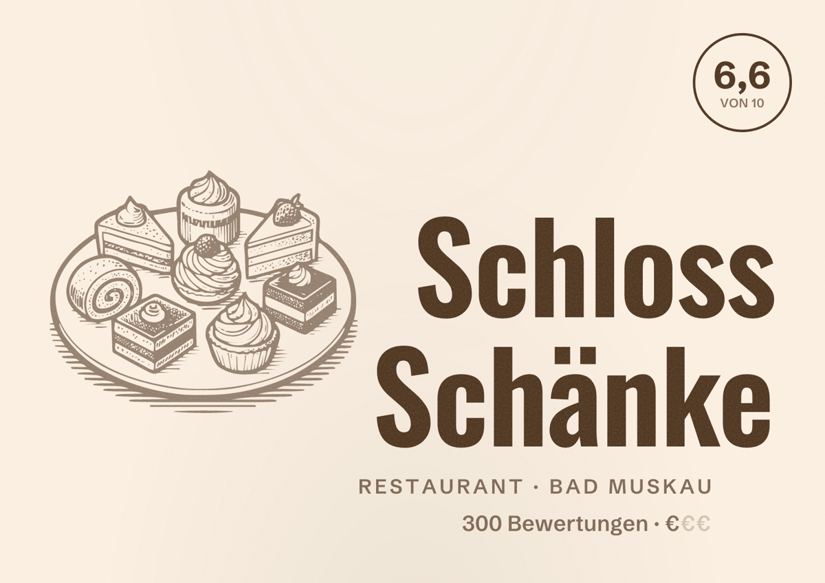 Illustriertes Poster von Schloss Schänke, Restaurant in Bad Muskau: Bewertung 6,6 von 10 aus 300 Bewertungen, Preisniveau €