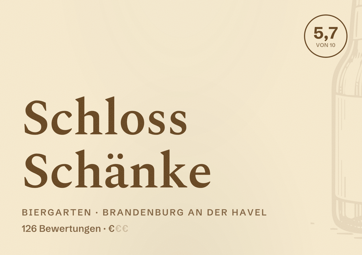 Illustriertes Poster von Schloss Schänke, Biergarten in Brandenburg an der Havel: Bewertung 5,7 von 10 aus 126 Bewertungen, Preisniveau €