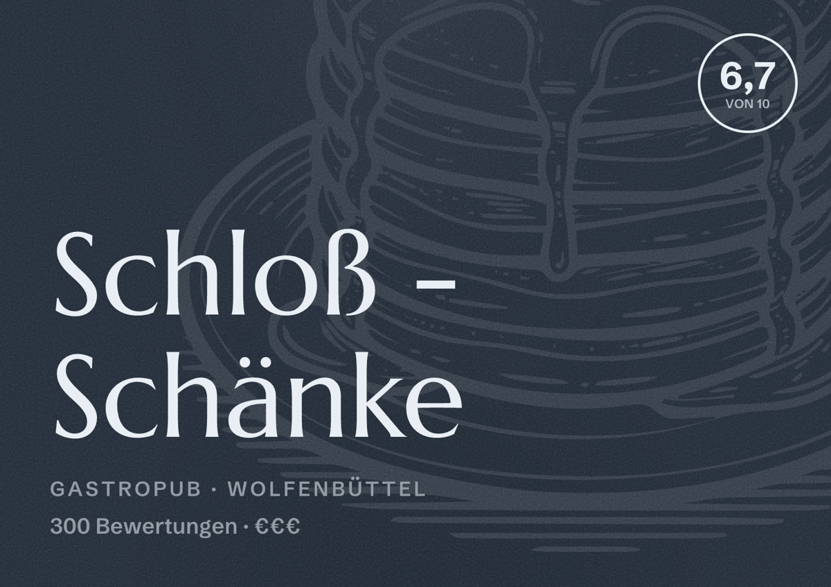 Illustriertes Poster von Schloß - Schänke, Gastropub in Wolfenbüttel: Bewertung 6,7 von 10 aus 300 Bewertungen, Preisniveau €€€