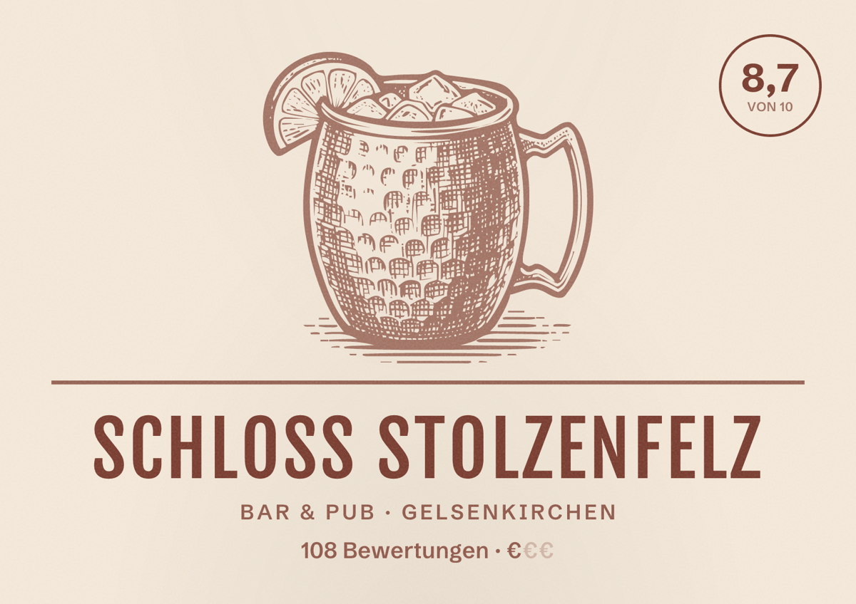 Illustriertes Poster von Schloss StolzenfelZ, Bar & Pub in Gelsenkirchen: Bewertung 8,7 von 10 aus 108 Bewertungen, Preisniveau €