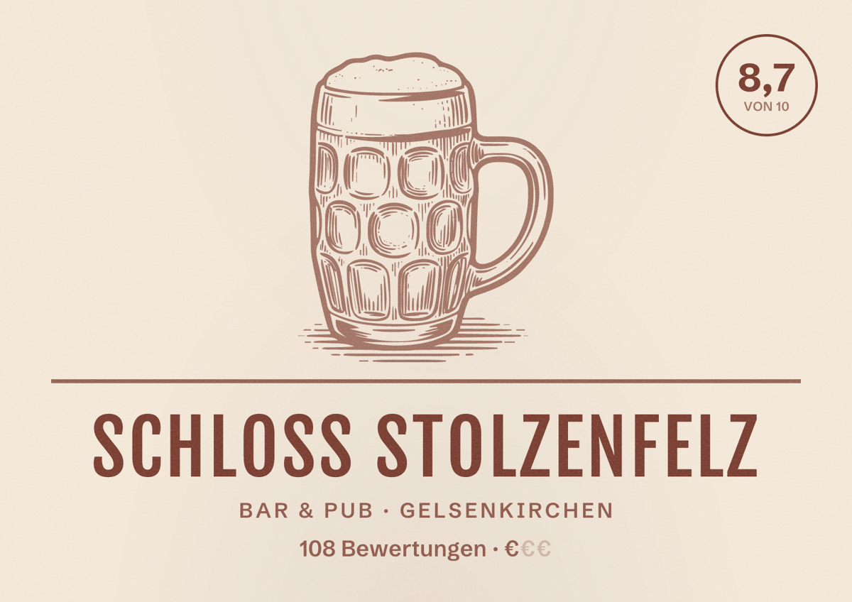 Illustriertes Poster von Schloss StolzenfelZ, Bar & Pub in Gelsenkirchen: Bewertung 8,7 von 10 aus 108 Bewertungen, Preisniveau €