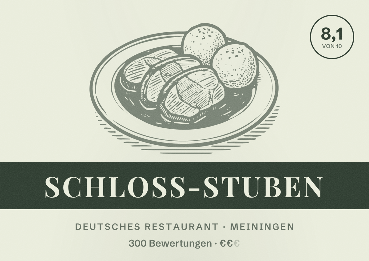 Illustriertes Poster von Schloss-Stuben, Deutsches Restaurant in Meiningen: Bewertung 8,1 von 10 aus 300 Bewertungen, Preisniveau €€