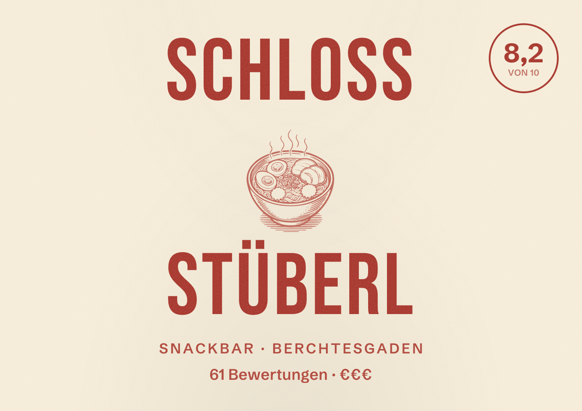 Illustriertes Poster von Schloss Stüberl, Snackbar in Berchtesgaden: Bewertung 8,2 von 10 aus 61 Bewertungen, Preisniveau €€€