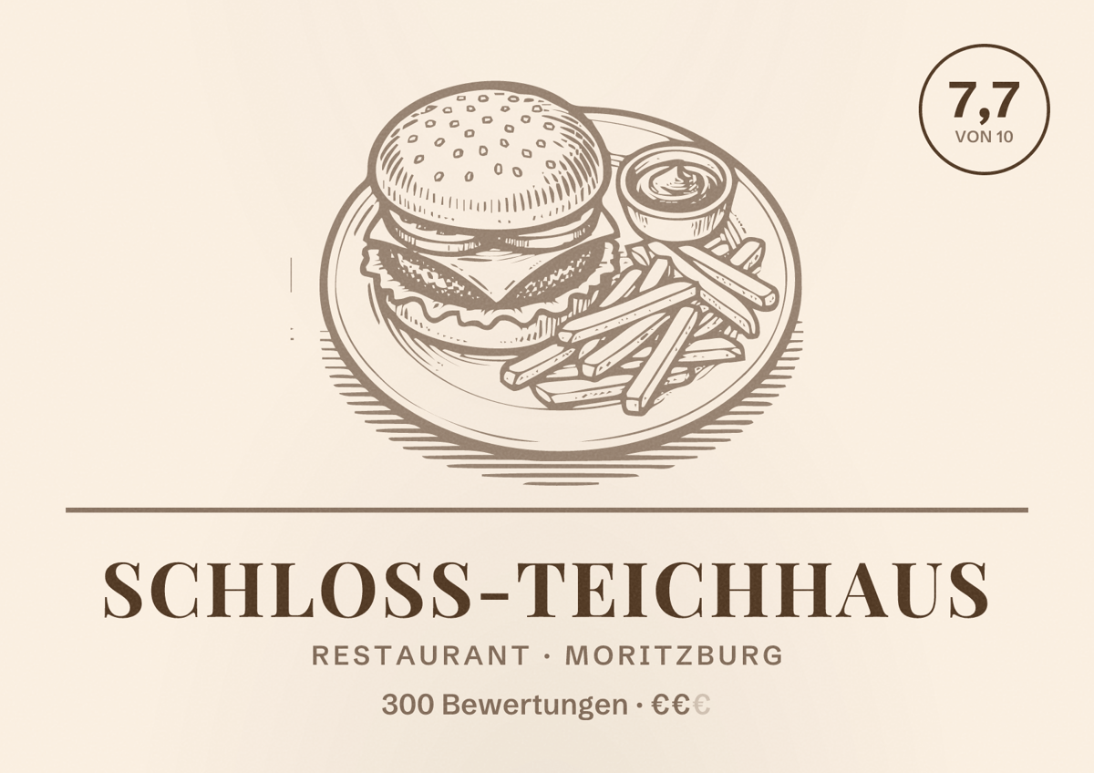 Illustriertes Poster von Schloss-Teichhaus, Restaurant in Moritzburg: Bewertung 7,7 von 10 aus 300 Bewertungen, Preisniveau €€