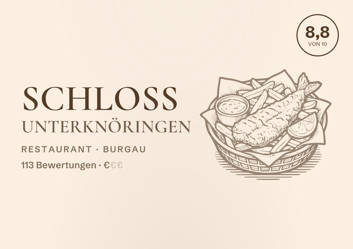 Illustriertes Poster von Schloss Unterknöringen, Restaurant in Burgau: Bewertung 8,8 von 10 aus 113 Bewertungen, Preisniveau €