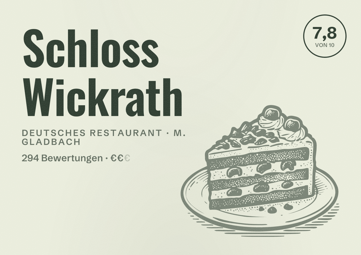 Illustriertes Poster von Schloss Wickrath, Deutsches Restaurant in M. Gladbach: Bewertung 7,8 von 10 aus 294 Bewertungen, Preisniveau €€