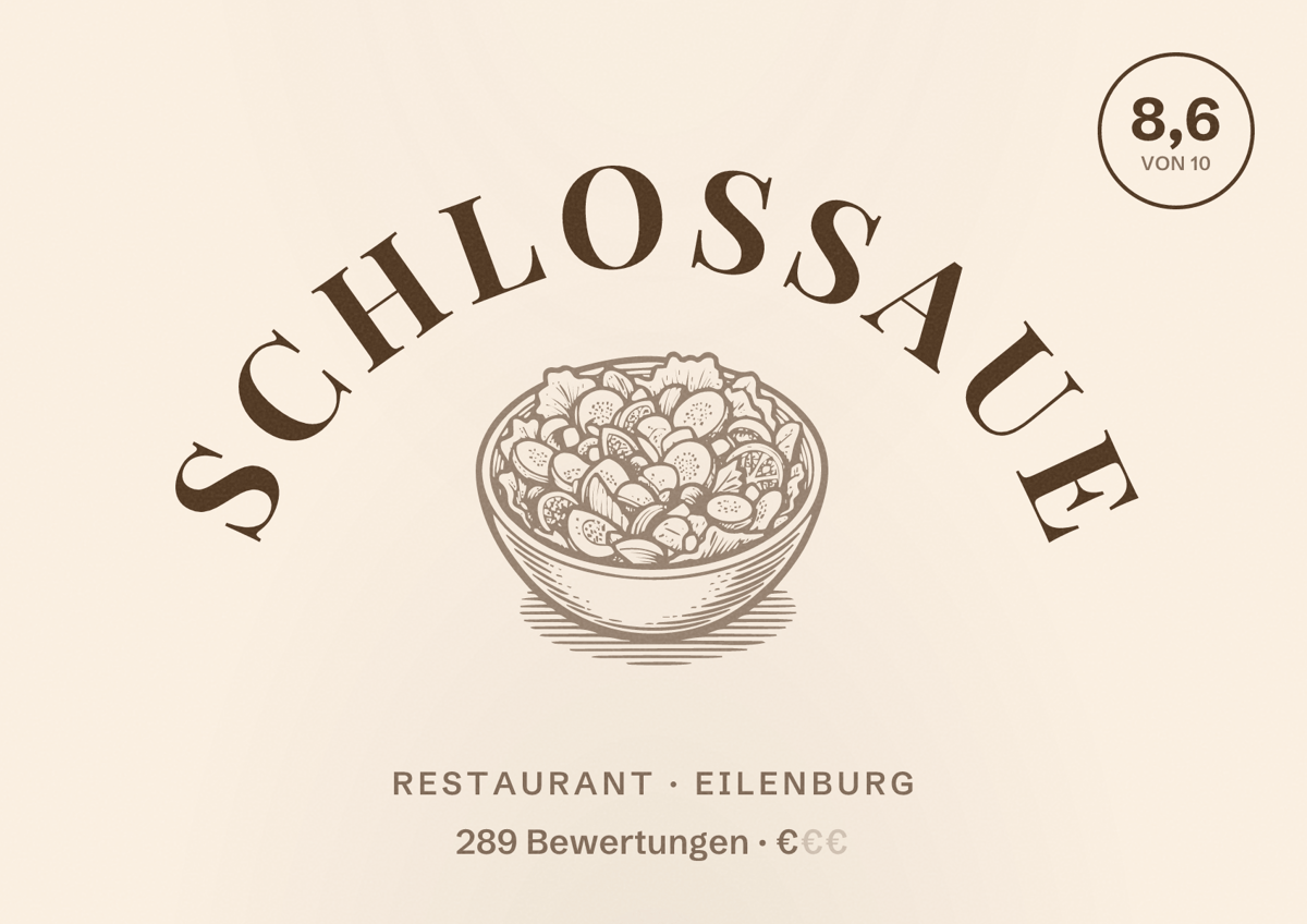 Illustriertes Poster von Schloßaue, Restaurant in Eilenburg: Bewertung 8,6 von 10 aus 289 Bewertungen, Preisniveau €