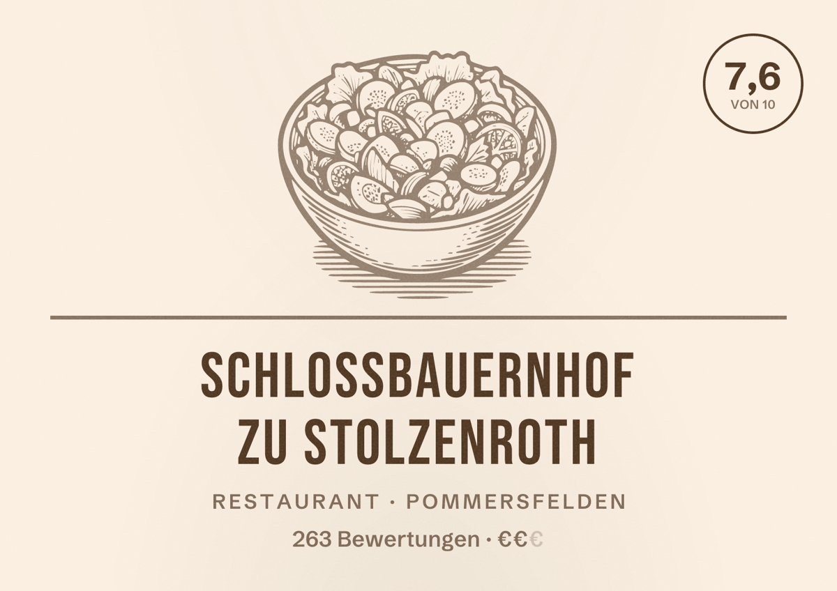 Illustriertes Poster von Schlossbauernhof zu Stolzenroth, Restaurant in Pommersfelden: Bewertung 7,6 von 10 aus 263 Bewertungen, Preisniveau €€