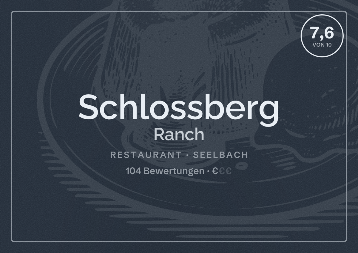 Illustriertes Poster von Schlossberg Ranch, Restaurant in Seelbach: Bewertung 7,6 von 10 aus 104 Bewertungen, Preisniveau €