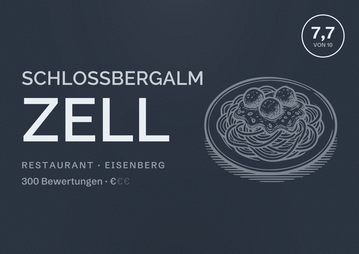 Illustriertes Poster von Schloßbergalm Zell, Restaurant in Eisenberg: Bewertung 7,7 von 10 aus 300 Bewertungen, Preisniveau €