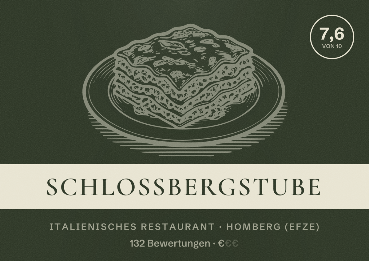 Illustriertes Poster von Schlossbergstube, Italienisches Restaurant in Homberg (Efze): Bewertung 7,6 von 10 aus 132 Bewertungen, Preisniveau €
