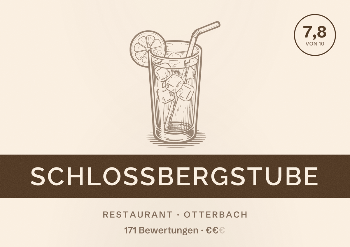 Illustriertes Poster von Schloßbergstube, Restaurant in Otterbach: Bewertung 7,8 von 10 aus 171 Bewertungen, Preisniveau €€