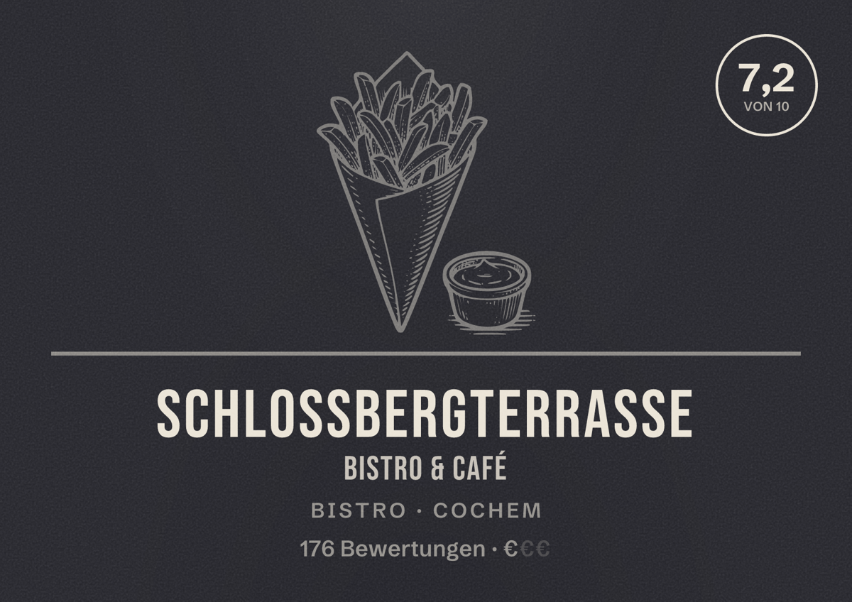 Illustriertes Poster von Schloßbergterrasse Bistro & Café, Bistro in Cochem: Bewertung 7,2 von 10 aus 176 Bewertungen, Preisniveau €