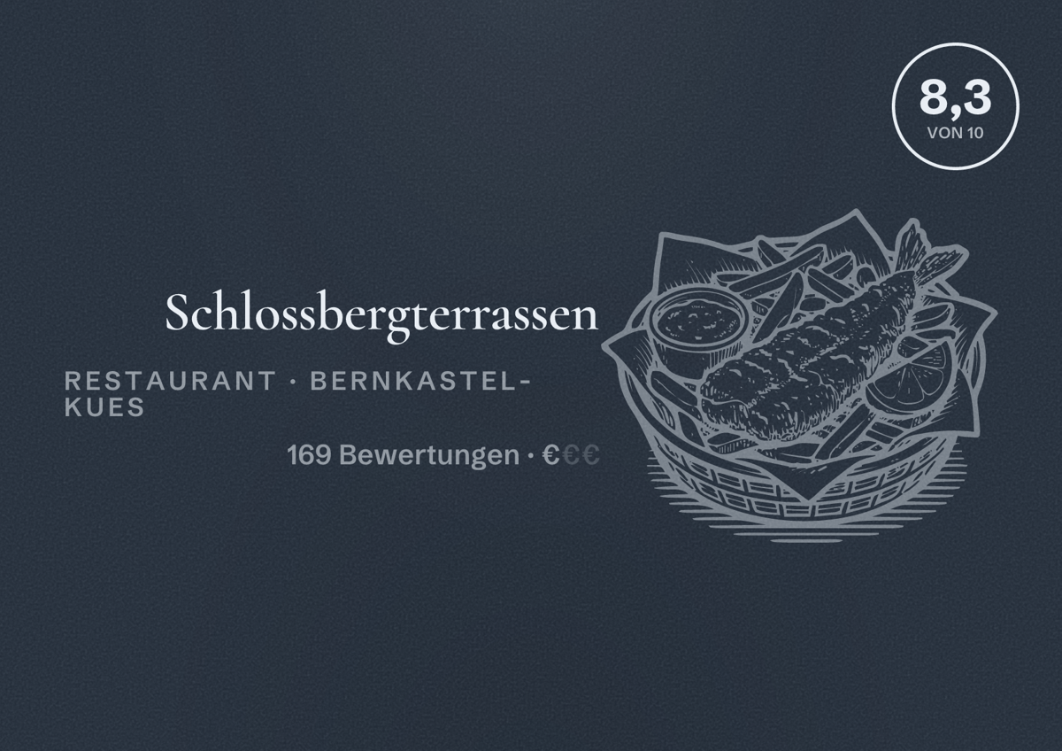 Illustriertes Poster von Schlossbergterrassen, Restaurant in Bernkastel-Kues: Bewertung 8,3 von 10 aus 169 Bewertungen, Preisniveau €