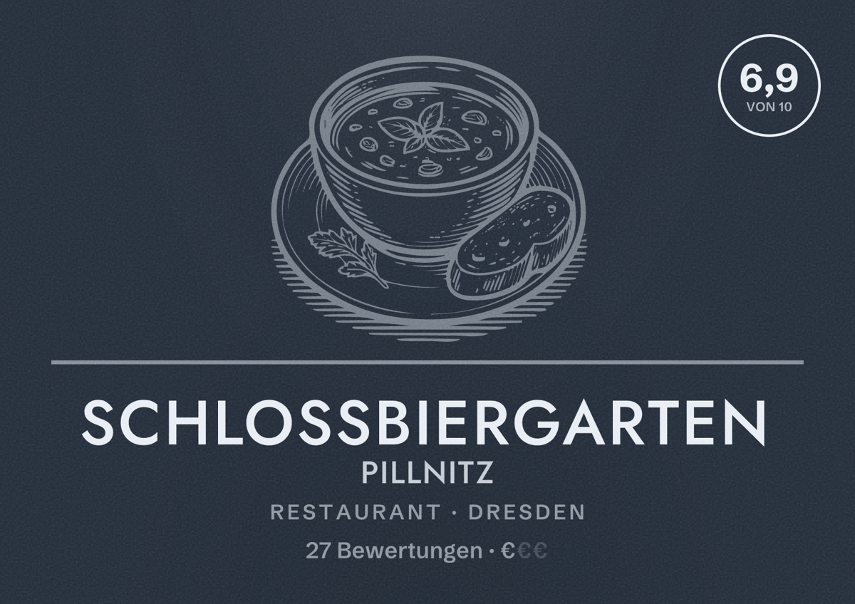 Illustriertes Poster von Schlossbiergarten Pillnitz, Restaurant in Dresden: Bewertung 6,9 von 10 aus 27 Bewertungen, Preisniveau €