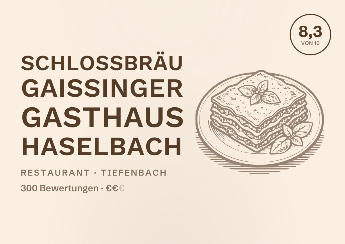 Illustriertes Poster von Schlossbräu Gaißinger Gasthaus Haselbach, Restaurant in Tiefenbach: Bewertung 8,3 von 10 aus 300 Bewertungen, Preisniveau €€