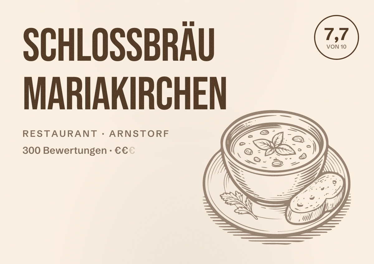 Illustriertes Poster von Schlossbräu Mariakirchen, Restaurant in Arnstorf: Bewertung 7,7 von 10 aus 300 Bewertungen, Preisniveau €€