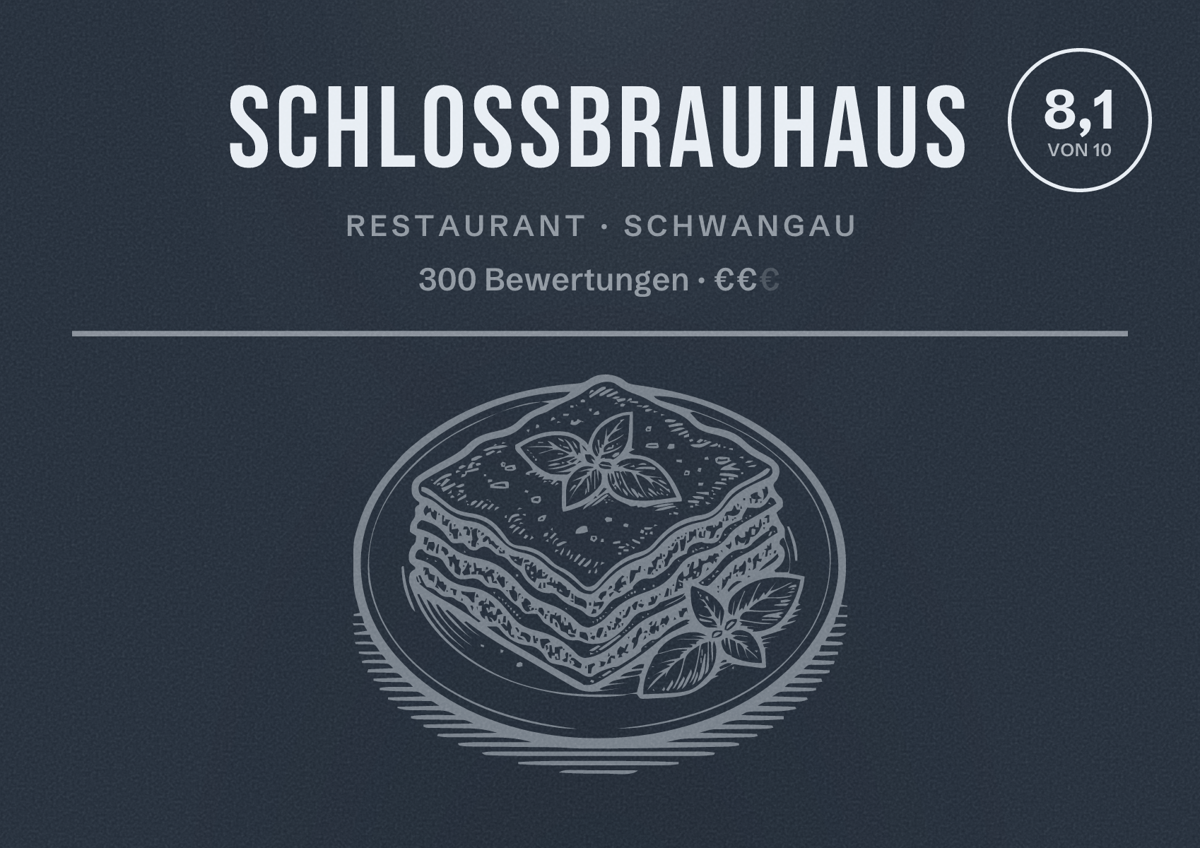Illustriertes Poster von Schlossbrauhaus, Restaurant in Schwangau: Bewertung 8,1 von 10 aus 300 Bewertungen, Preisniveau €€