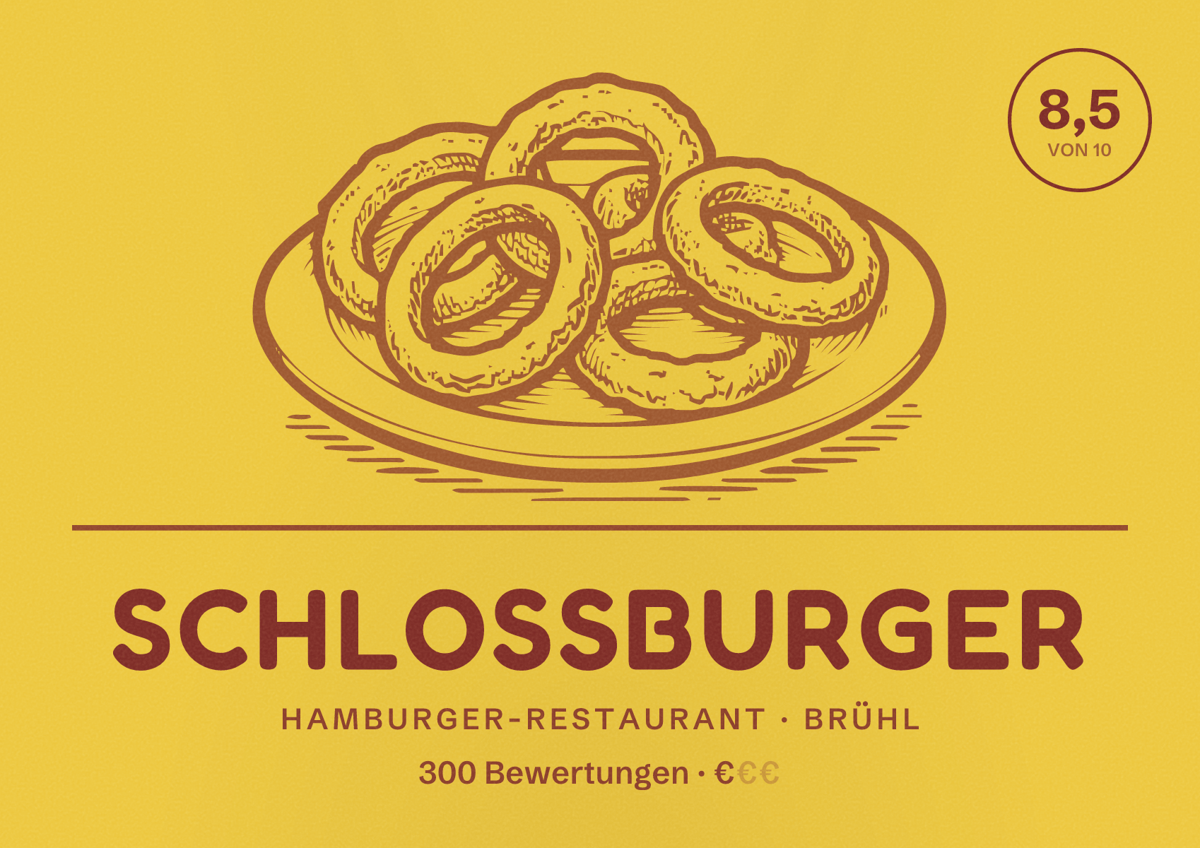 Illustriertes Poster von Schlossburger, Hamburger-Restaurant in Brühl: Bewertung 8,5 von 10 aus 300 Bewertungen, Preisniveau €