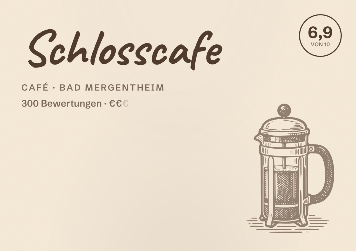 Illustriertes Poster von Schlosscafe, Café in Bad Mergentheim: Bewertung 6,9 von 10 aus 300 Bewertungen, Preisniveau €€