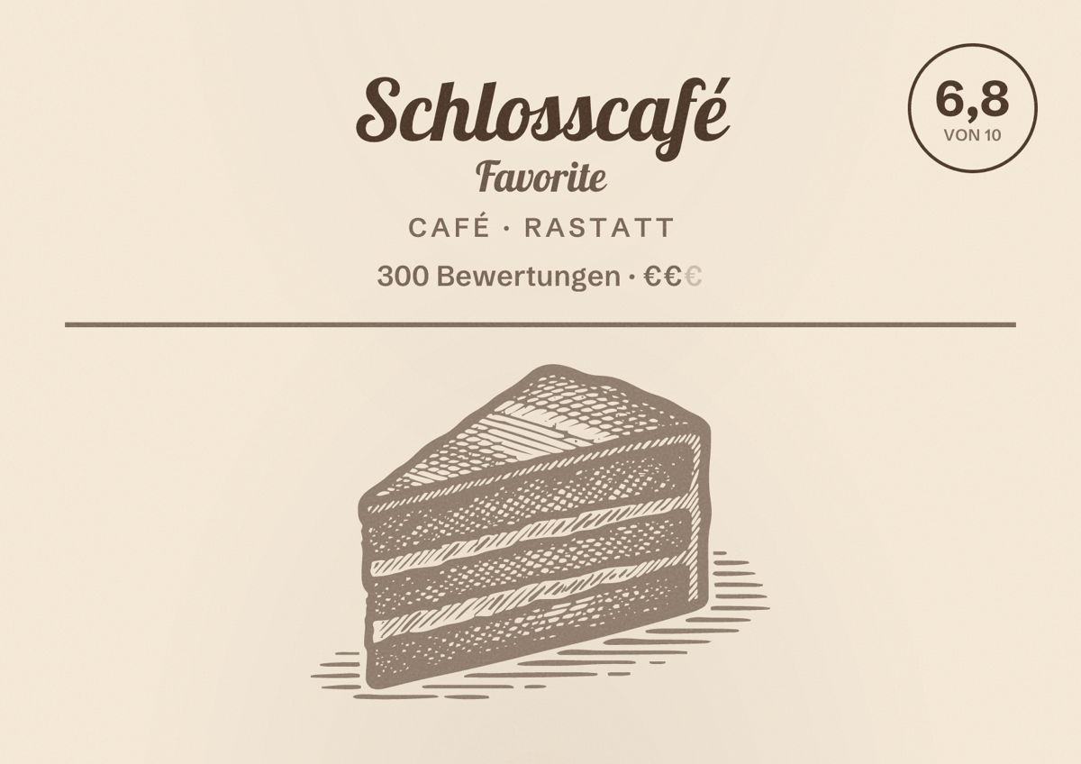 Illustriertes Poster von Schlosscafé Favorite, Café in Rastatt: Bewertung 6,8 von 10 aus 300 Bewertungen, Preisniveau €€