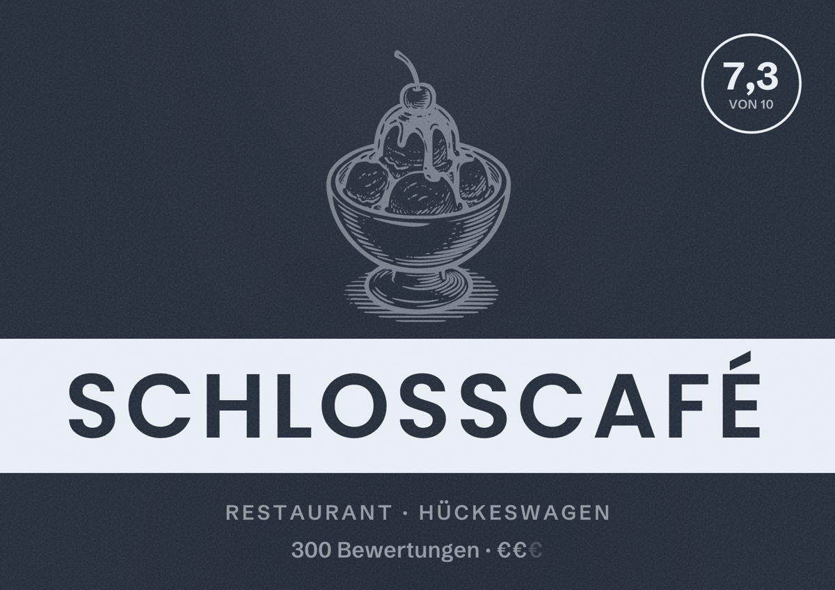 Illustriertes Poster von Schloßcafé, Restaurant in Hückeswagen: Bewertung 7,3 von 10 aus 300 Bewertungen, Preisniveau €€