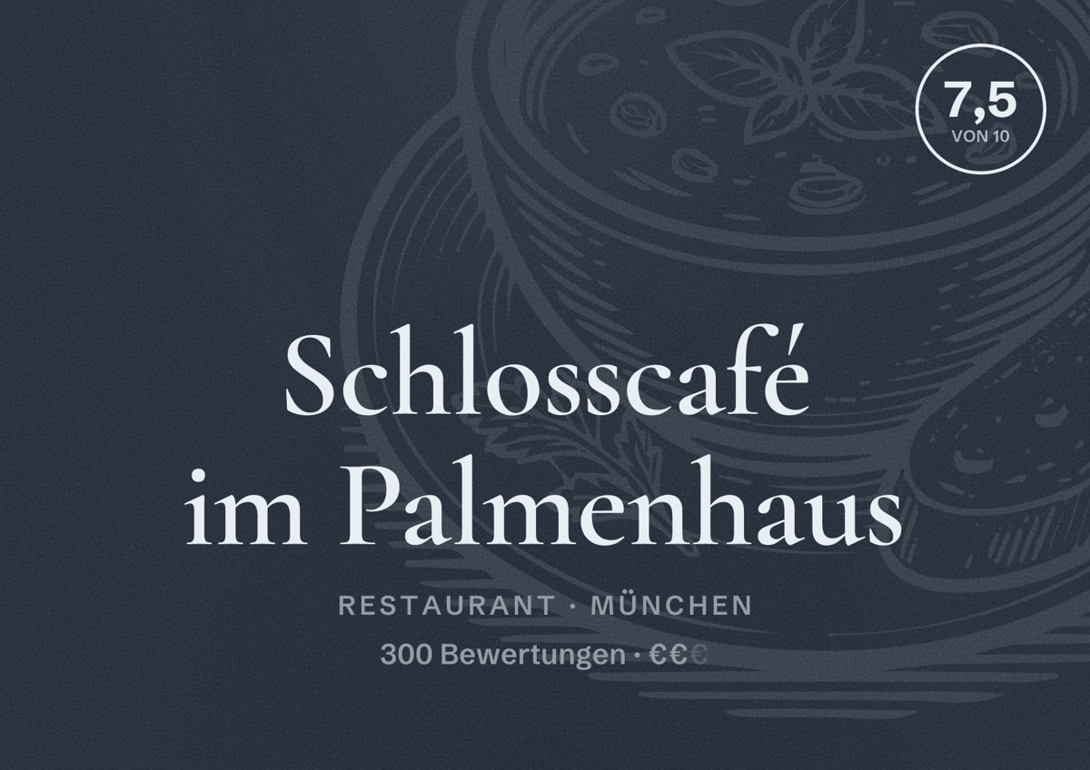 Illustriertes Poster von Schlosscafé im Palmenhaus, Restaurant in München: Bewertung 7,5 von 10 aus 300 Bewertungen, Preisniveau €€