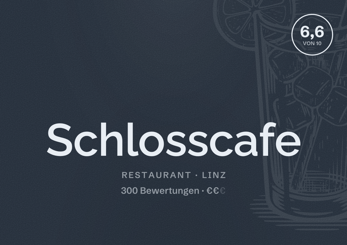 Illustriertes Poster von Schlosscafe, Restaurant in Linz: Bewertung 6,6 von 10 aus 300 Bewertungen, Preisniveau €€