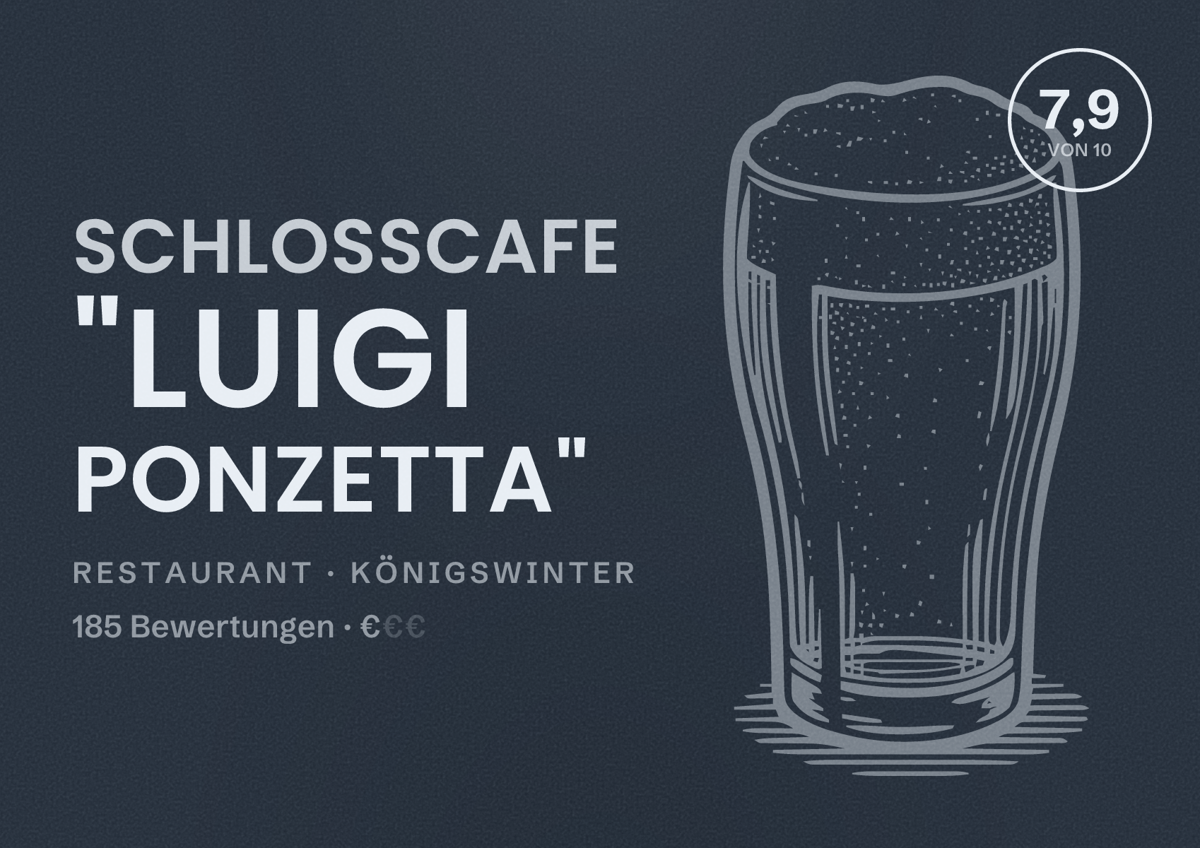 Illustriertes Poster von Schlosscafe "Luigi Ponzetta", Restaurant in Königswinter: Bewertung 7,9 von 10 aus 185 Bewertungen, Preisniveau €