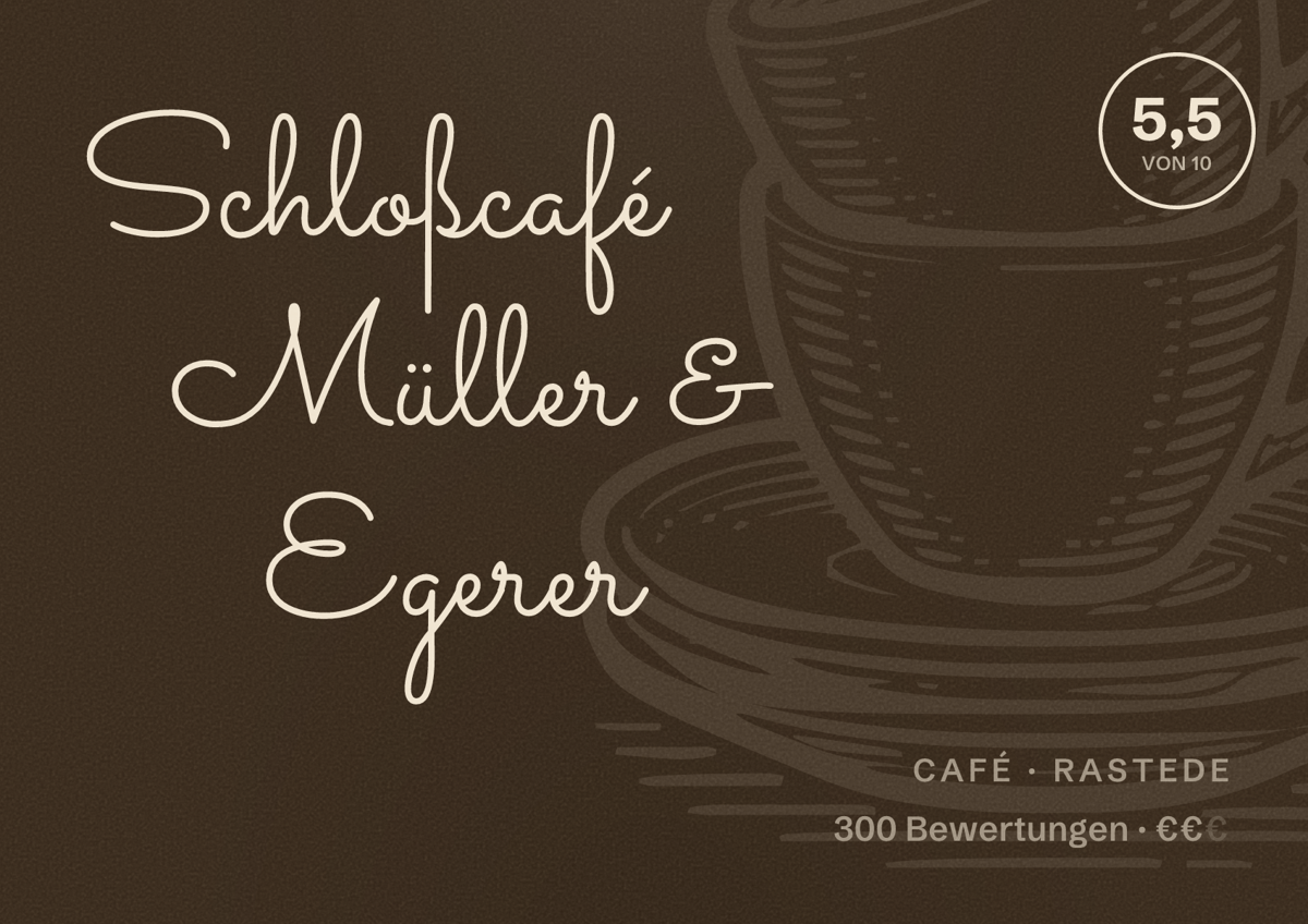Illustriertes Poster von Schloßcafé Müller & Egerer, Café in Rastede: Bewertung 5,5 von 10 aus 300 Bewertungen, Preisniveau €€