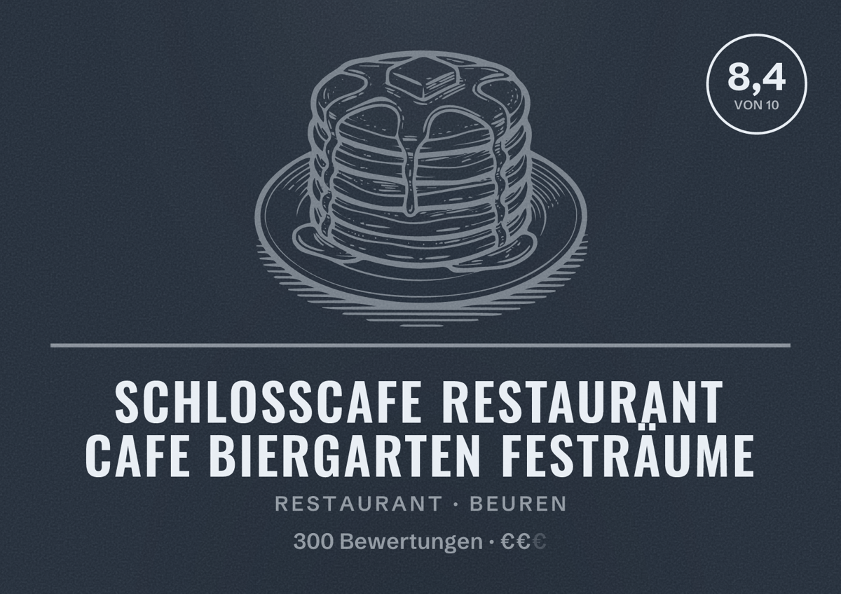 Illustriertes Poster von Schlosscafe Restaurant Cafe Biergarten Festräume, Restaurant in Beuren: Bewertung 8,4 von 10 aus 300 Bewertungen, Preisniveau €€