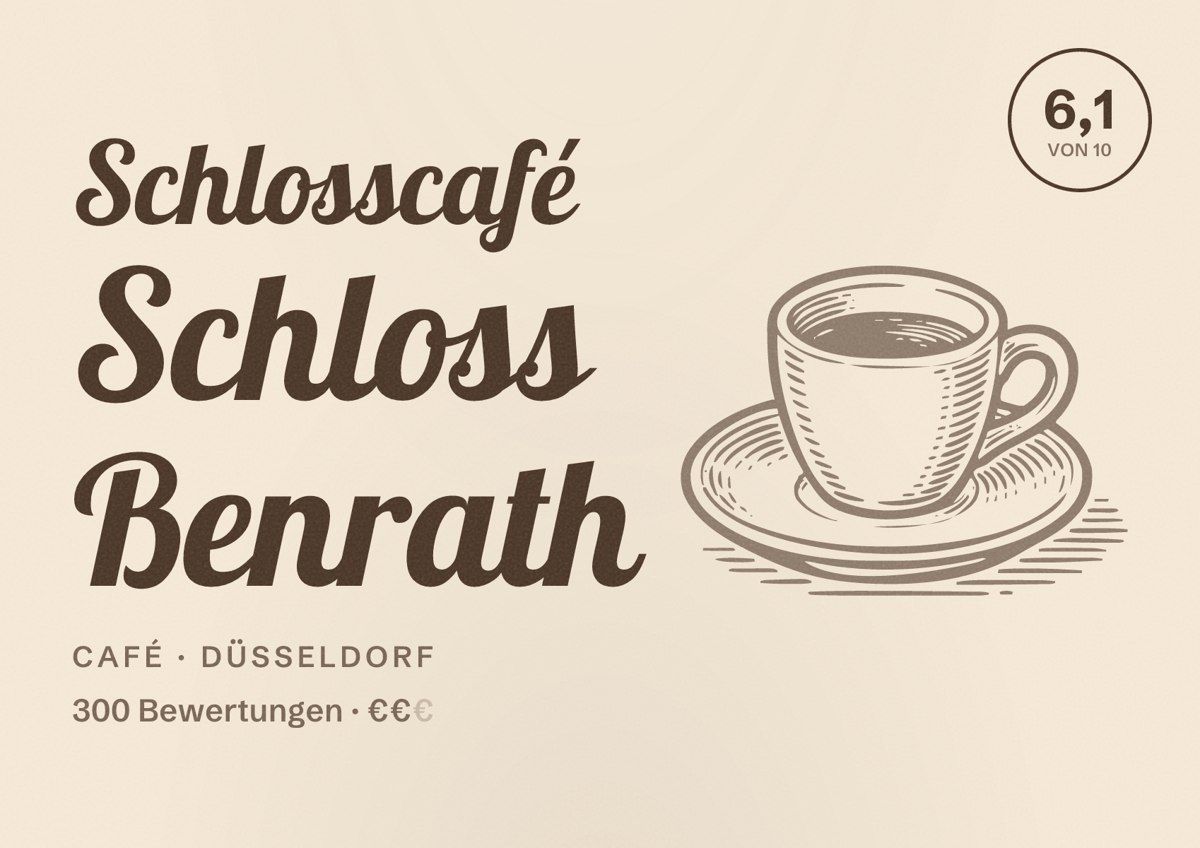 Illustriertes Poster von Schlosscafé Schloss Benrath, Café in Düsseldorf: Bewertung 6,1 von 10 aus 300 Bewertungen, Preisniveau €€