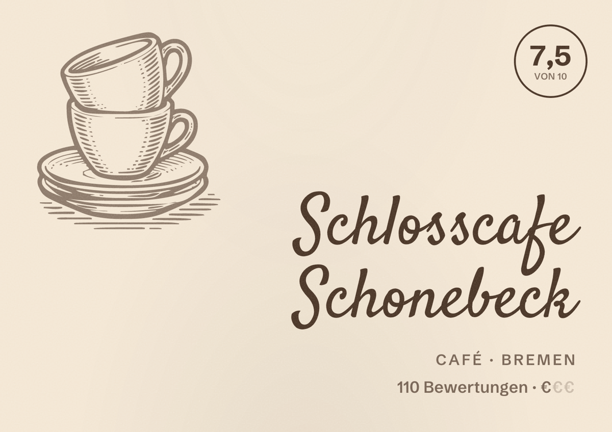 Illustriertes Poster von Schlosscafe Schonebeck, Café in Bremen: Bewertung 7,5 von 10 aus 110 Bewertungen, Preisniveau €