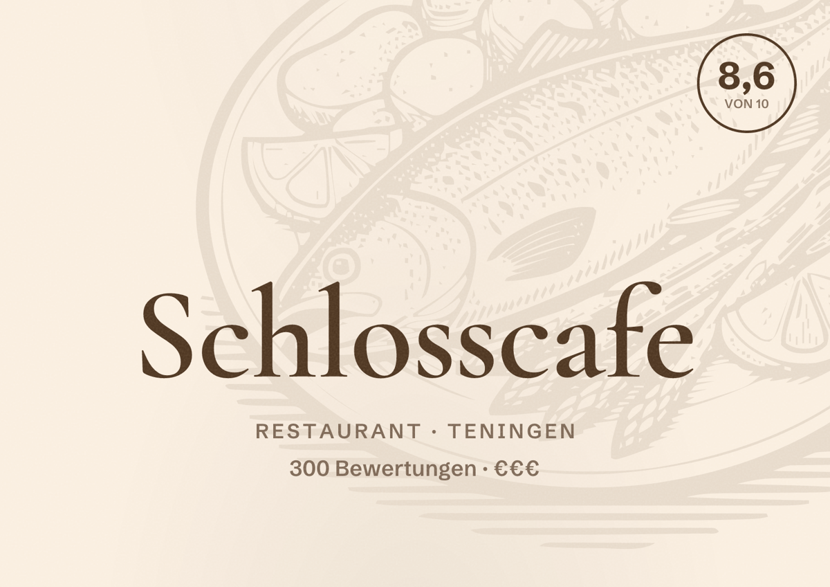 Illustriertes Poster von Schlosscafe, Restaurant in Teningen: Bewertung 8,6 von 10 aus 300 Bewertungen, Preisniveau €€€