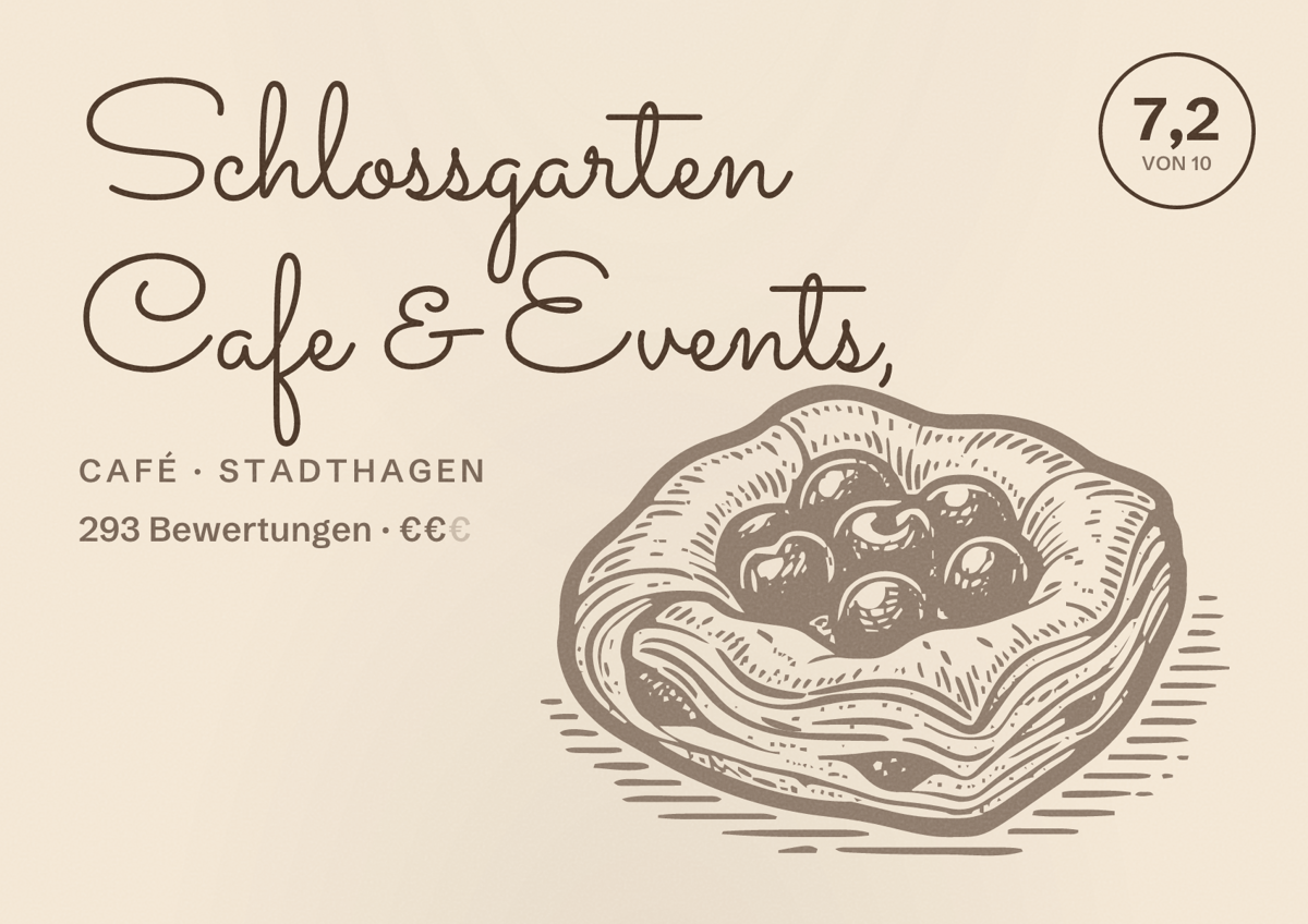Illustriertes Poster von Schlossgarten Cafe & Events,, Café in Stadthagen: Bewertung 7,2 von 10 aus 293 Bewertungen, Preisniveau €€