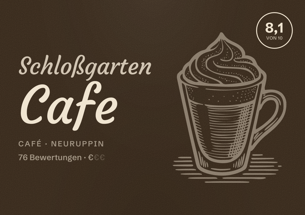 Illustriertes Poster von Schloßgarten Cafe, Café in Neuruppin: Bewertung 8,1 von 10 aus 76 Bewertungen, Preisniveau €
