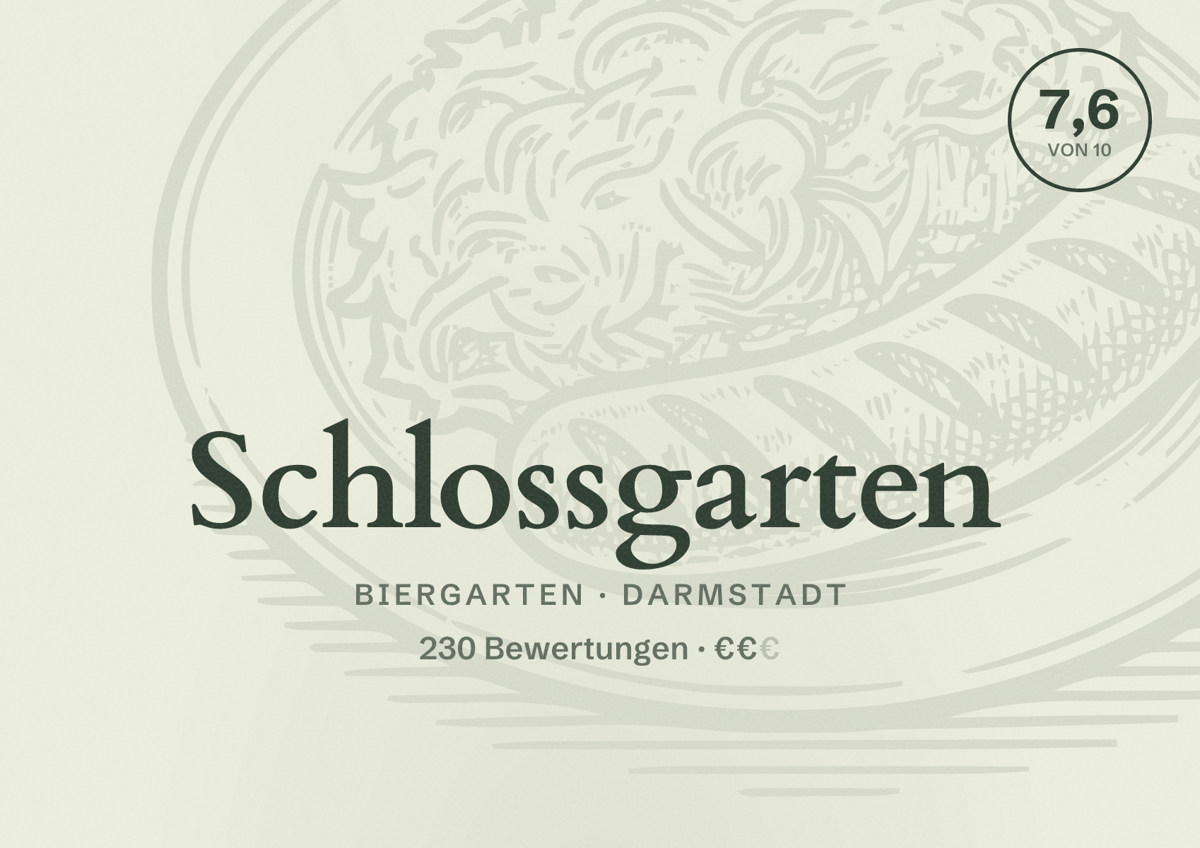 Illustriertes Poster von Schlossgarten, Biergarten in Darmstadt: Gästebewertung 7,6 von 10 aus 230 Bewertungen