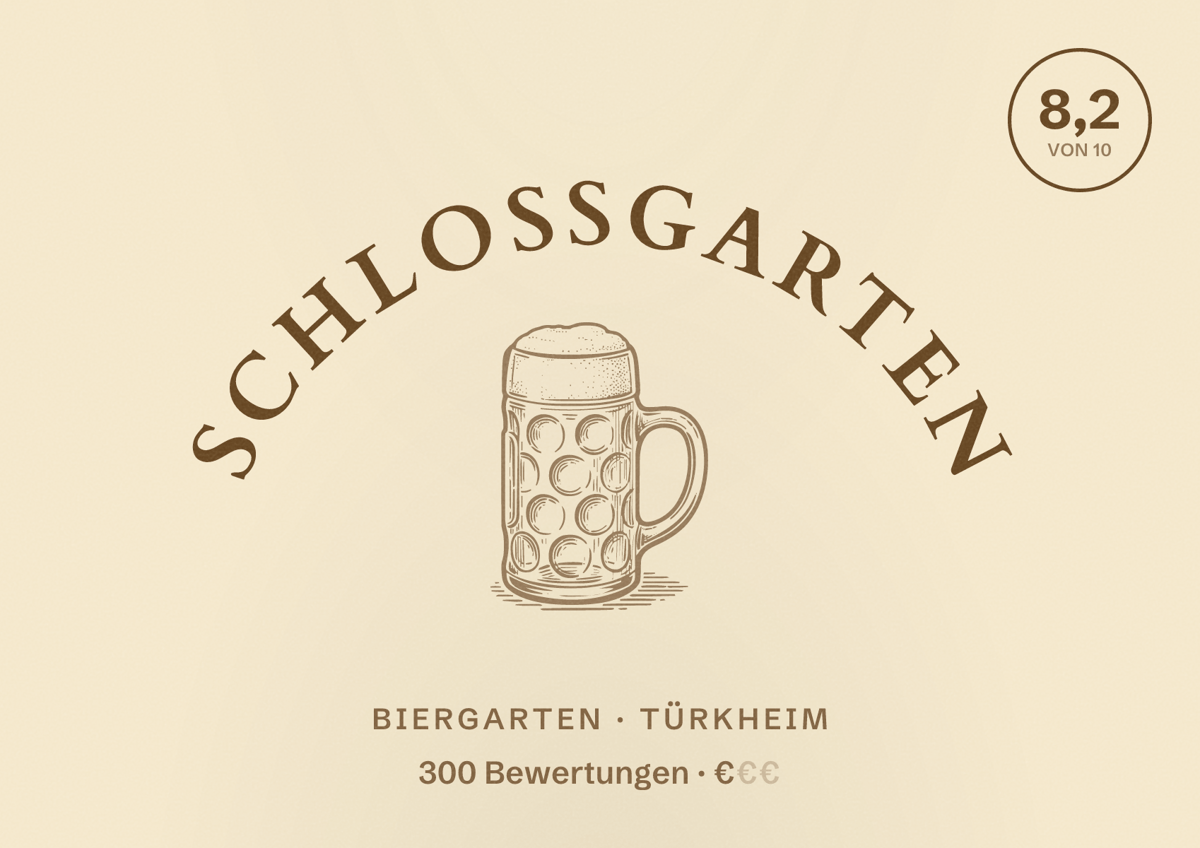 Illustriertes Poster von Schlossgarten, Biergarten in Türkheim: Bewertung 8,2 von 10 aus 300 Bewertungen, Preisniveau €