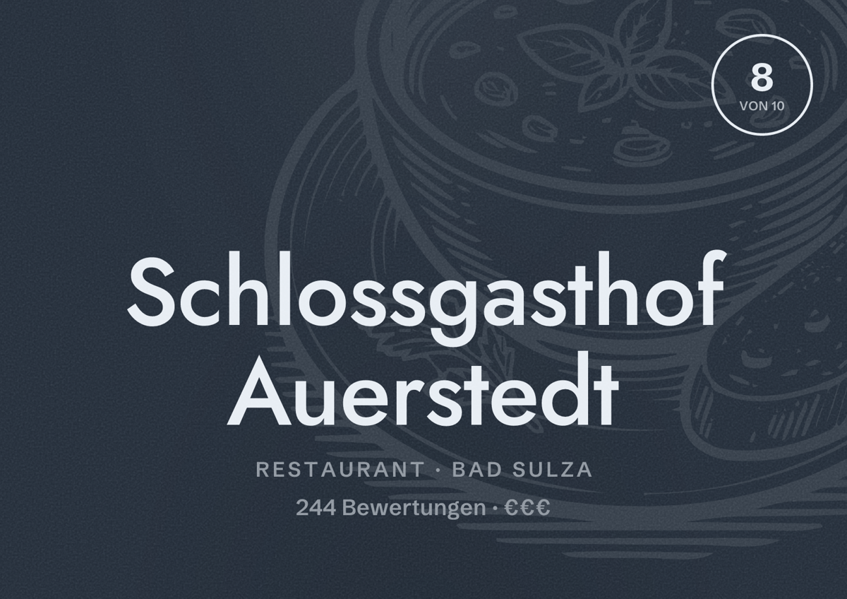 Illustriertes Poster von Schlossgasthof Auerstedt, Restaurant in Bad Sulza: Bewertung 8 von 10 aus 244 Bewertungen, Preisniveau €€€