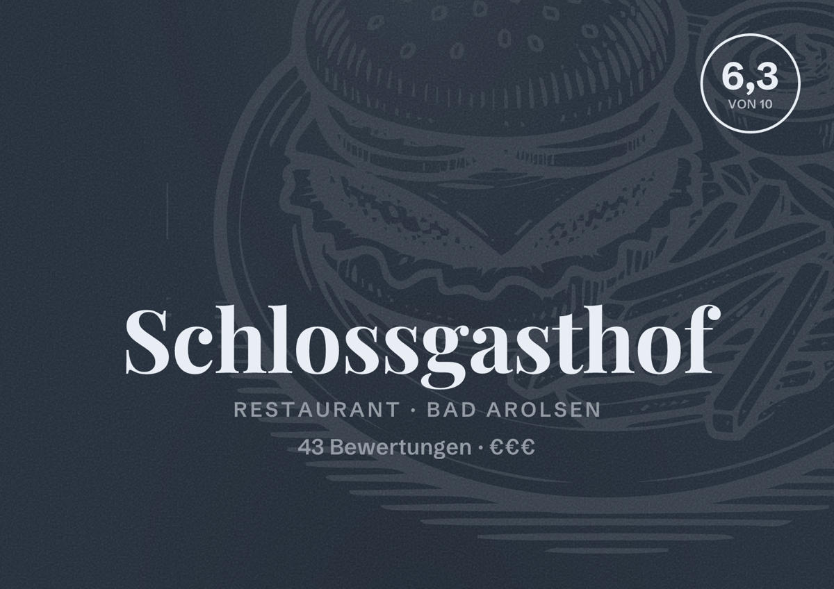 Illustriertes Poster von Schlossgasthof, Restaurant in Bad Arolsen: Bewertung 6,3 von 10 aus 43 Bewertungen, Preisniveau €€€