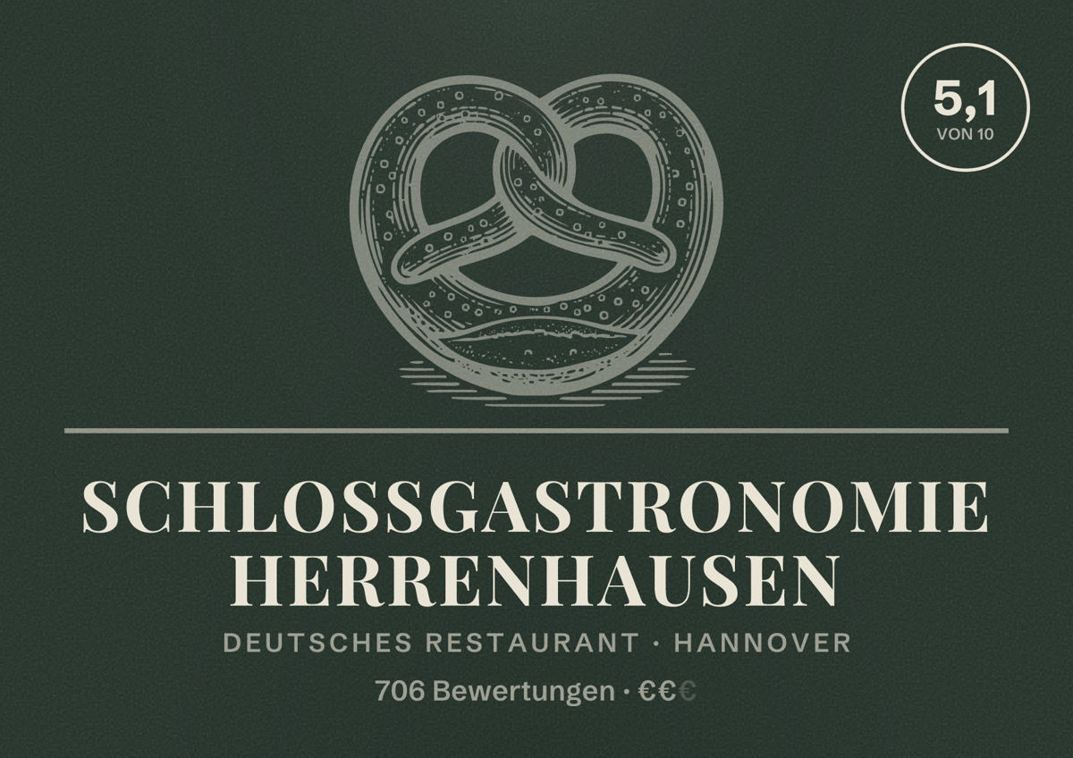 Illustriertes Poster von Schlossgastronomie Herrenhausen, Deutsches Restaurant in Hannover: Bewertung 5,1 von 10 aus 706 Bewertungen, Preisniveau €€