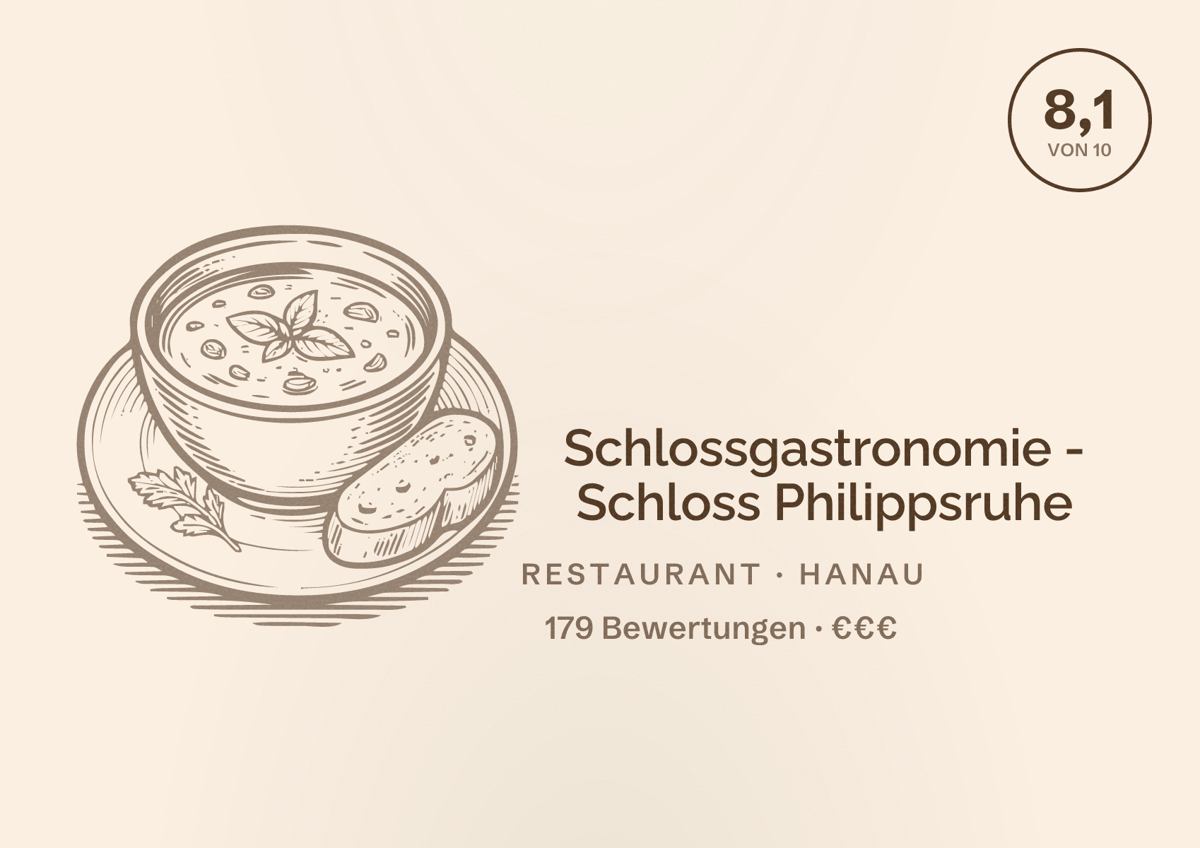 Illustriertes Poster von Schlossgastronomie - Schloss Philippsruhe, Restaurant in Hanau: Bewertung 8,1 von 10 aus 179 Bewertungen, Preisniveau €€€