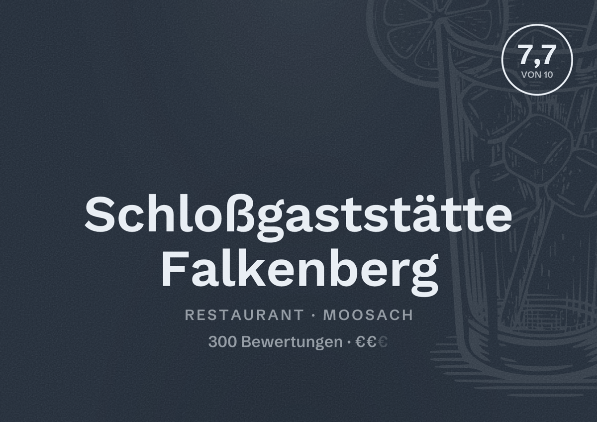 Illustriertes Poster von Schloßgaststätte Falkenberg, Restaurant in Moosach: Bewertung 7,7 von 10 aus 300 Bewertungen, Preisniveau €€