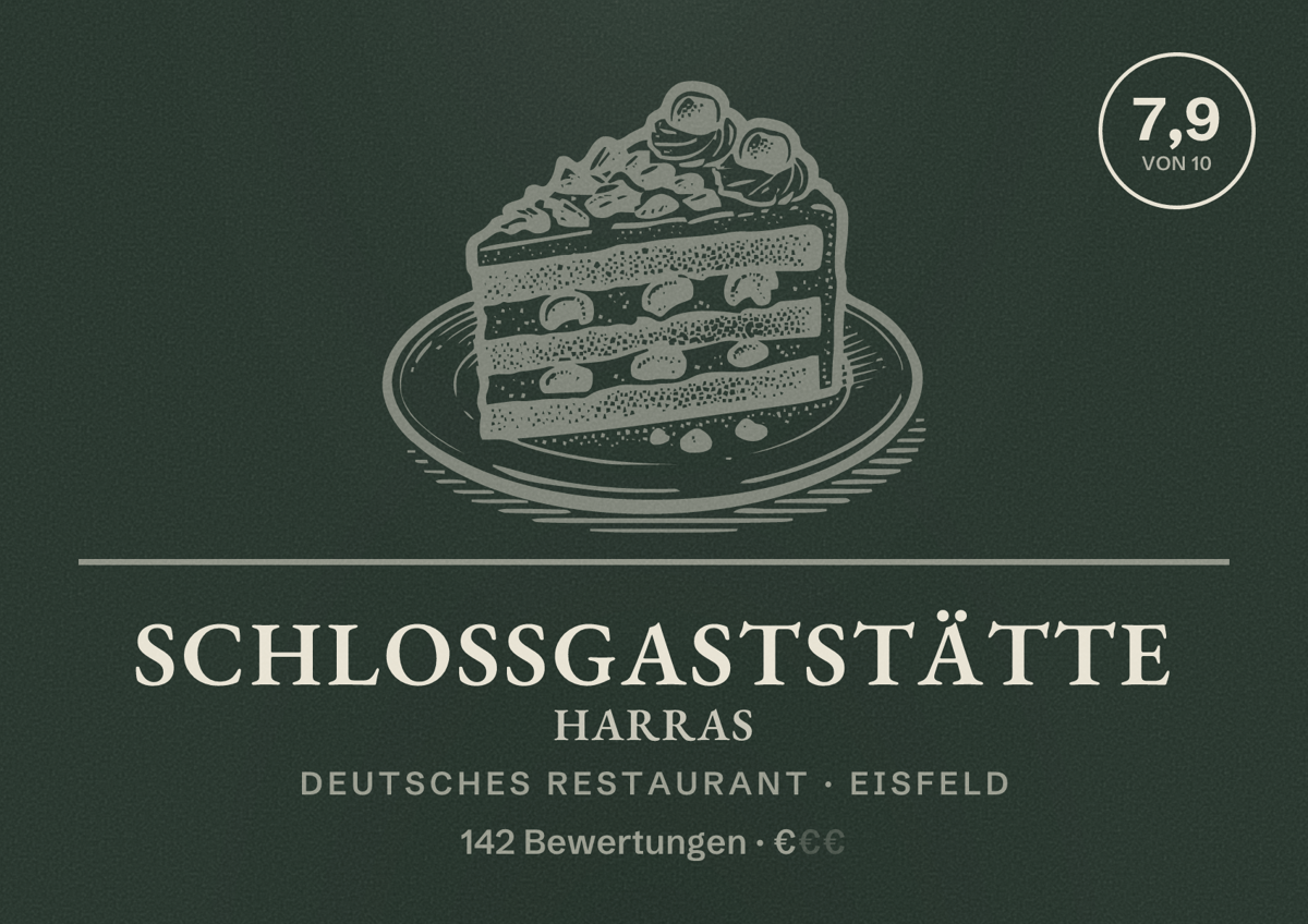 Illustriertes Poster von Schlossgaststätte Harras, Deutsches Restaurant in Eisfeld: Bewertung 7,9 von 10 aus 142 Bewertungen, Preisniveau €