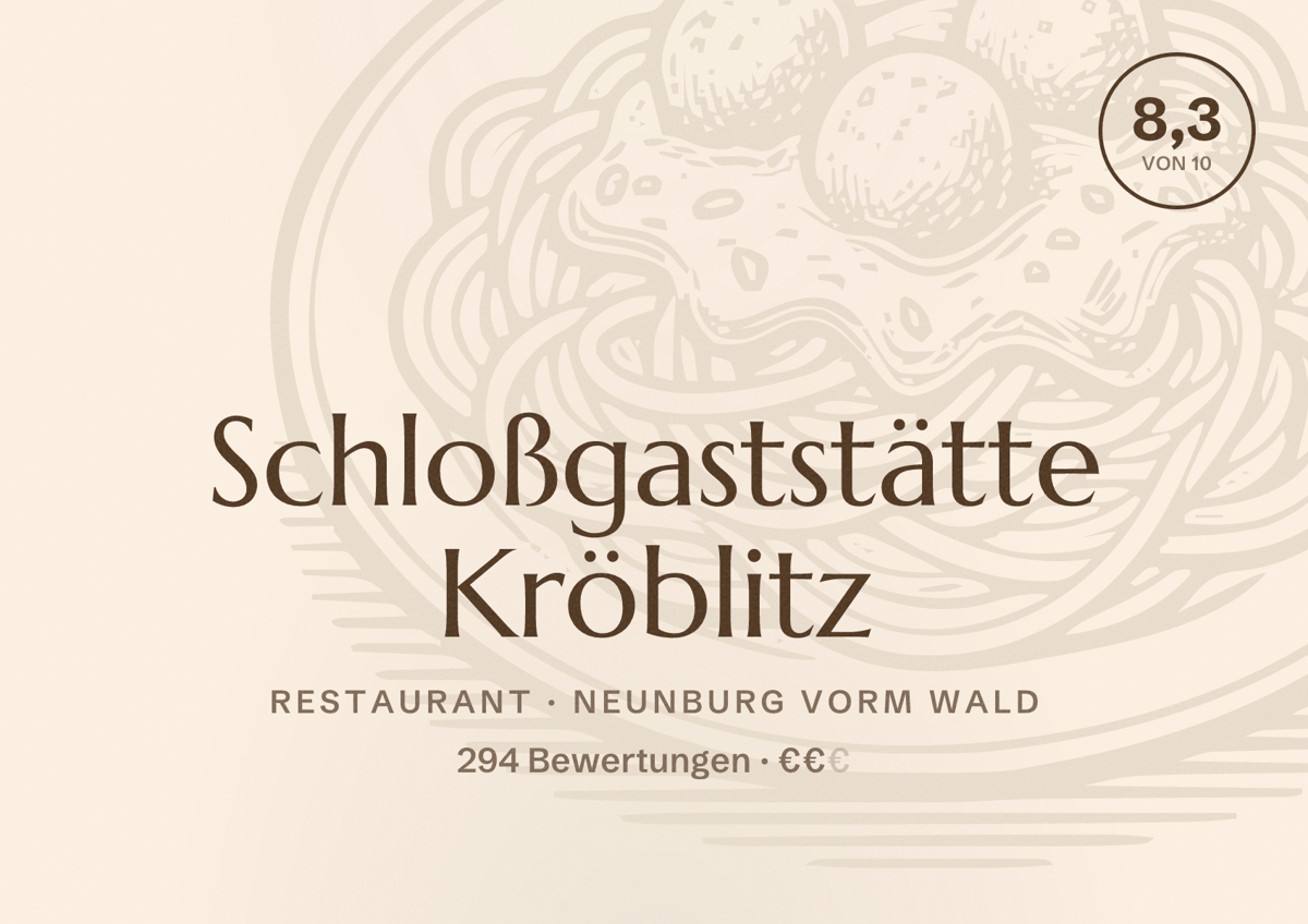 Illustriertes Poster von Schloßgaststätte Kröblitz, Restaurant in Neunburg vorm Wald: Bewertung 8,3 von 10 aus 294 Bewertungen, Preisniveau €€